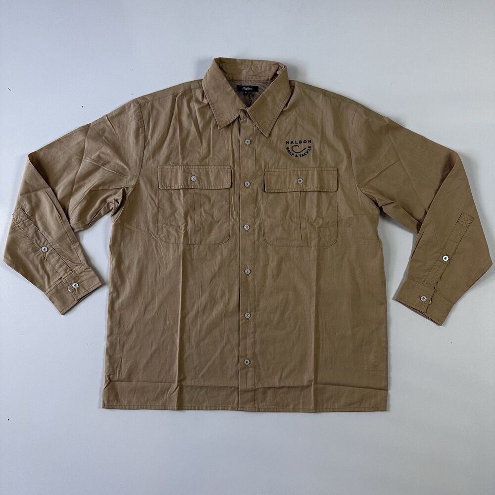 NEW Malbon Golf & Tackle Long Sleeve Fishing Shirt Tan  Men's Size Medium